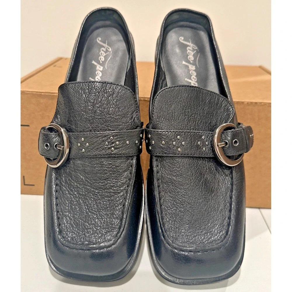 Free People Size 8 Mazie Moc Toe Mules Black Textured Leather Silver Buckle